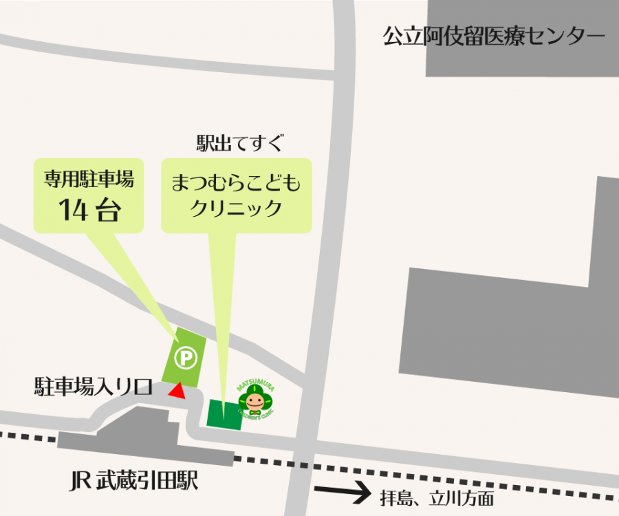 当院へお越しの方へ｜JR五日市線　武蔵引田駅から徒歩1分（改札を出て右側です）